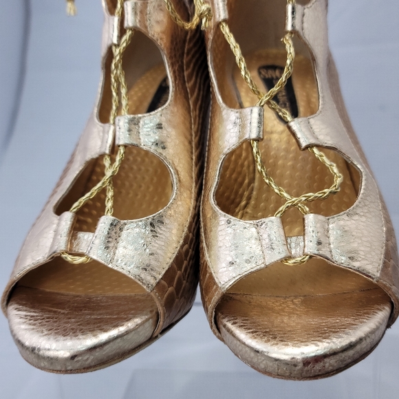 Lace Up Peep Toe Block Heel Leather Sandals Shoes Size 7 - Picture 7 of 13
